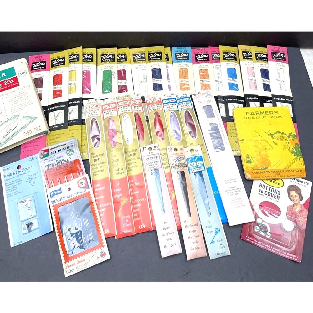 Lot of 26 NOS Vintage Zippers – Talon J&P Coats Retro Colors + Sewing Notions